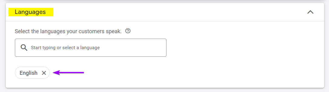Google Ads campaign language setting screen for a rehabilitation center, showing "English" selected as the target language.