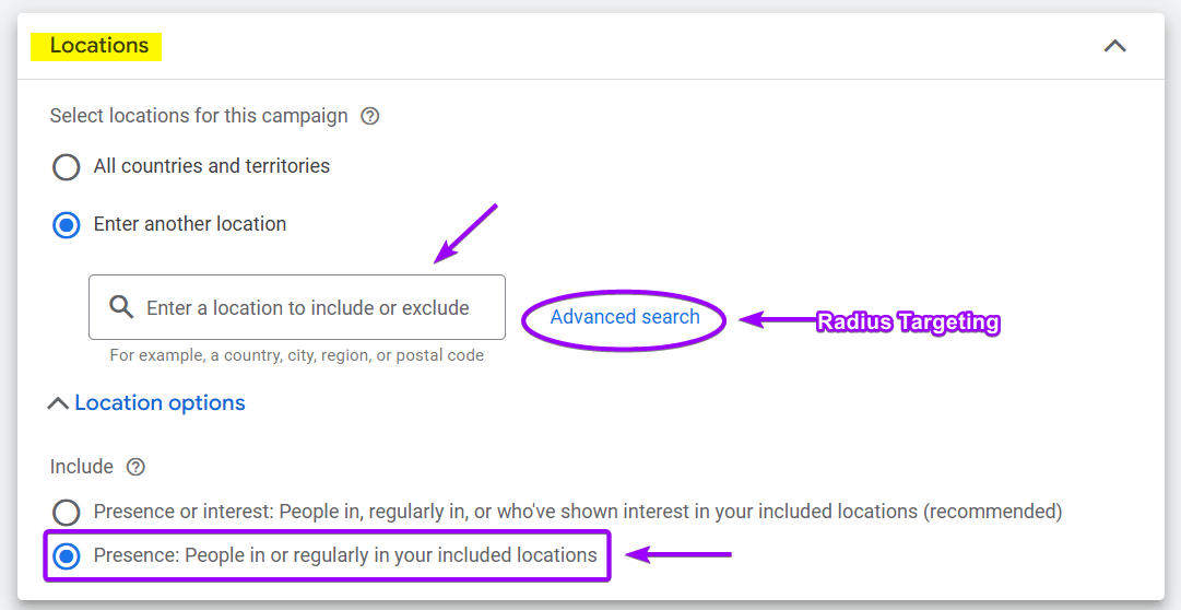 Google Ads location targeting screen for a rehabilitation center, showing selection of 'Enter another location', 'Advanced search', and the critical 'Presence: People in or regularly in your included locations' setting.