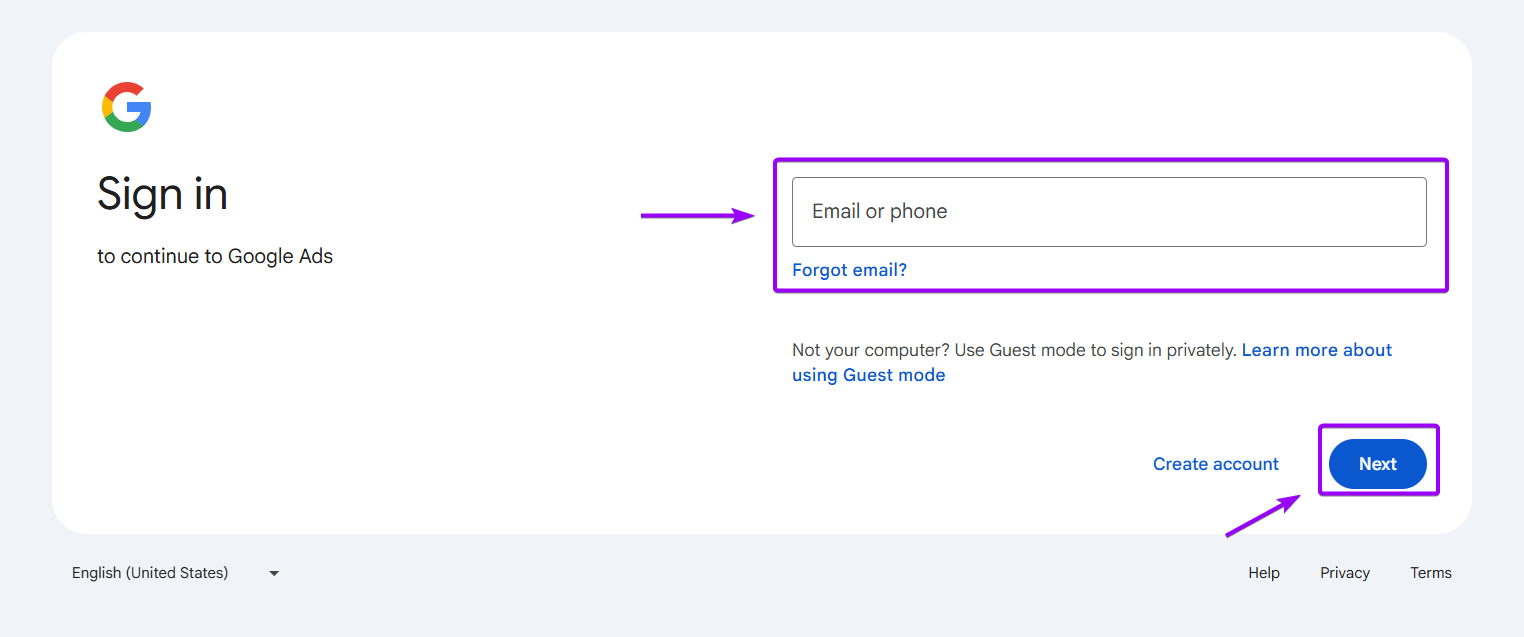 Google sign-in page for a rehabilitation center's Google Ads account, prompting for email entry before proceeding.