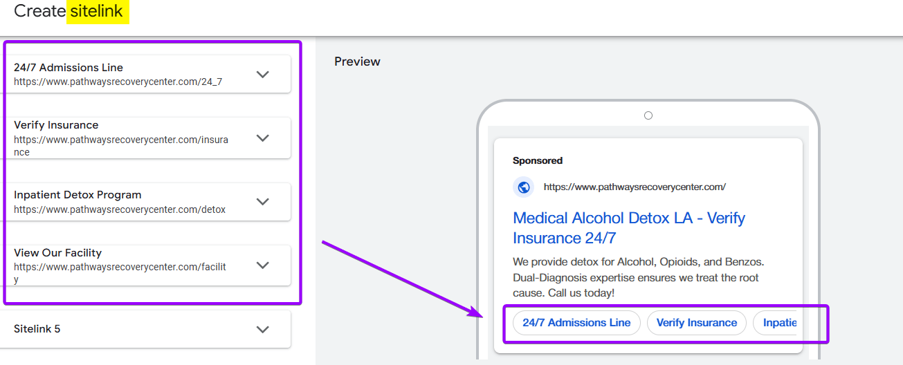 Google Ads Responsive Search Ad creation screen, showing the four custom Sitelink Extensions (e.g., Verify Insurance, 24/7 Admissions) linked to specific landing pages