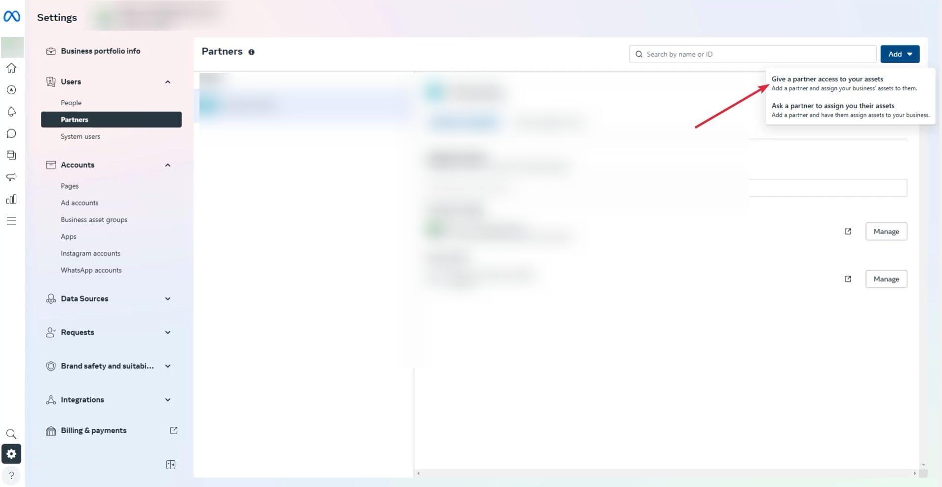 Click Add and then select Give a partner access to your assets