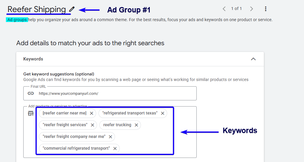 Ad Group Sample for Reefer Google Ads campaign