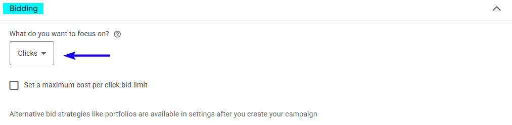 Google Ads bidding strategy set to Clicks for new trucking campaign