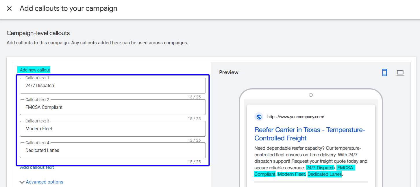 Google Ads callout extensions highlighting trucking company benefits