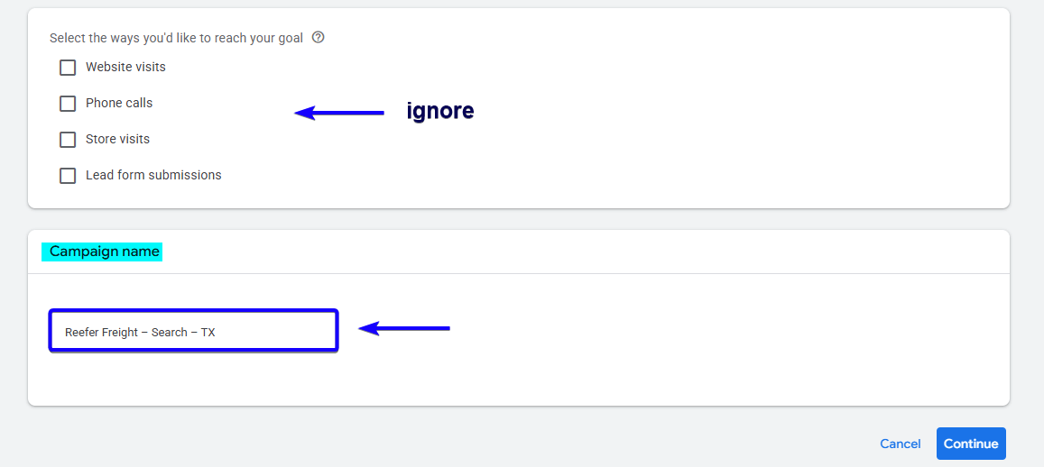 Google Ads campaign name setup for Houston reefer freight search campaign