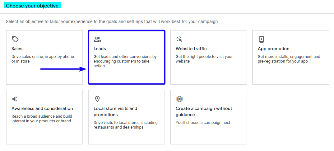Google Ads campaign objective set to Leads for generating freight quote requests and CDL applications