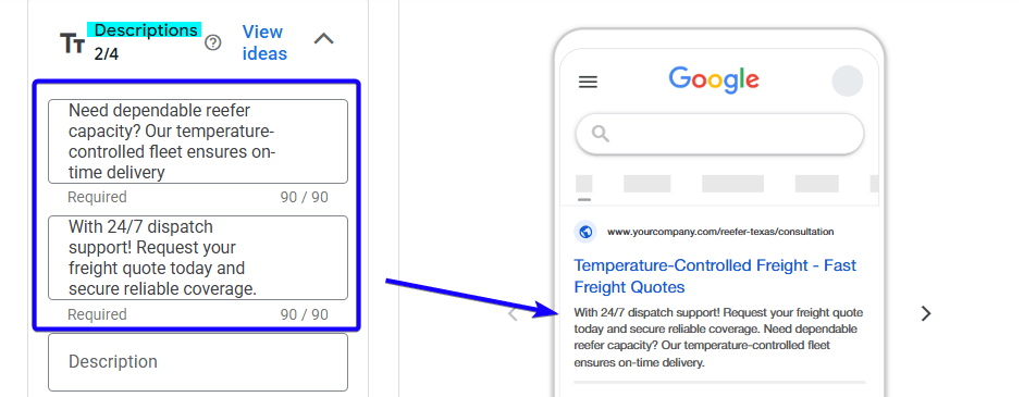 Google Ads description examples for freight quote 