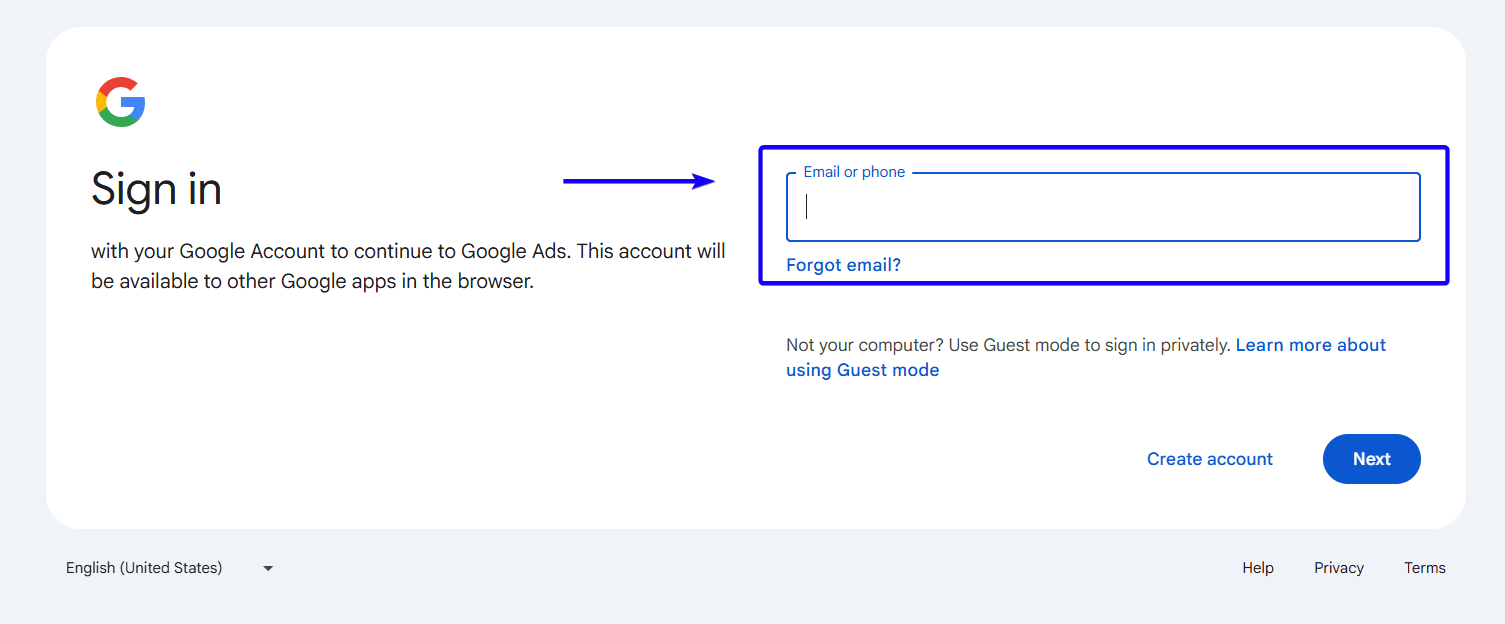 Gmail sign-in page used to access Google Ads account