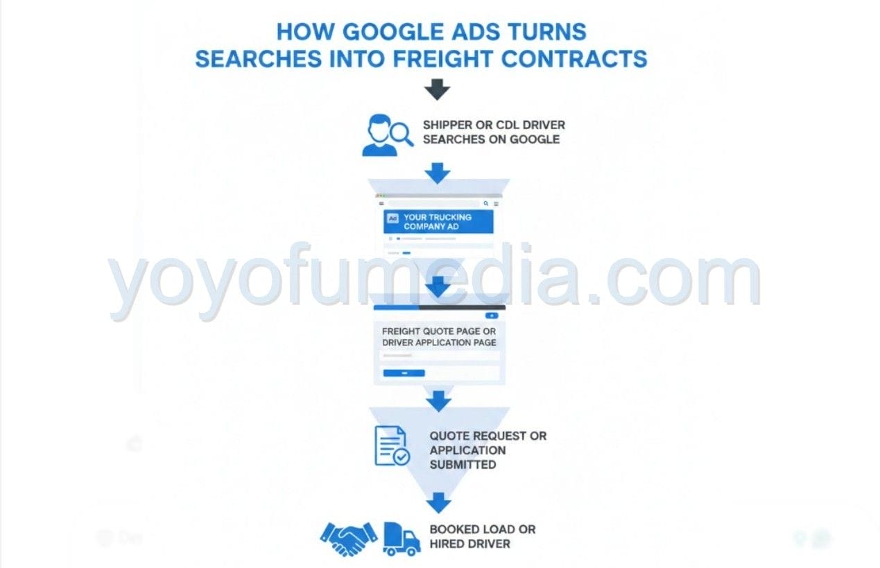 Google Ads funnel showing how trucking companies turn searches into freight contracts and hired drivers