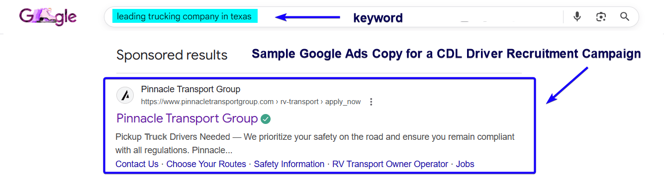 Example of a Google Search sponsored ad for a trucking company