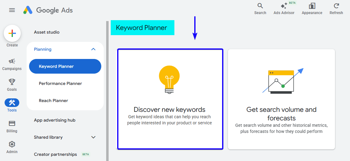 Google Keyword Planner tool for search volume and keyword ideas for trucking services