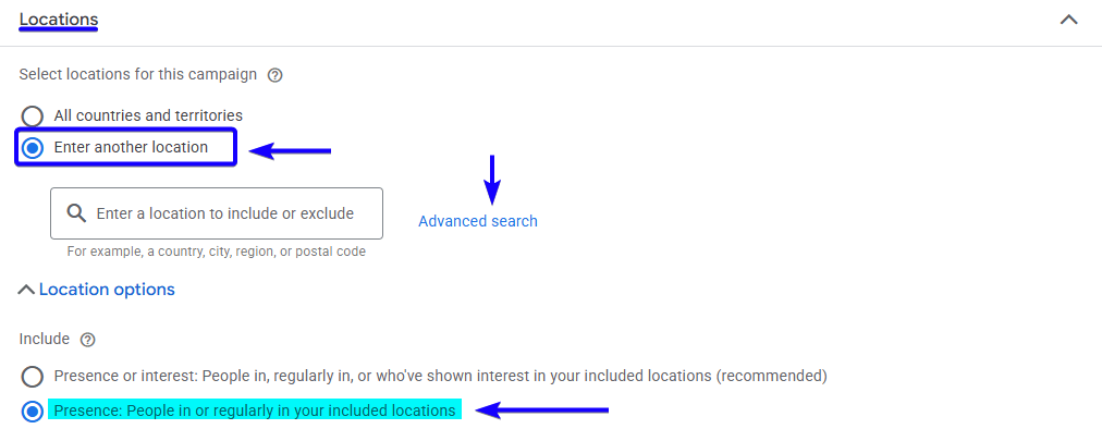 Google Ads location targeting set to Texas using Presence option for trucking campaigns