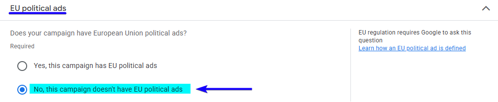 Google Ads interface showing regional settings or EU advertising notice