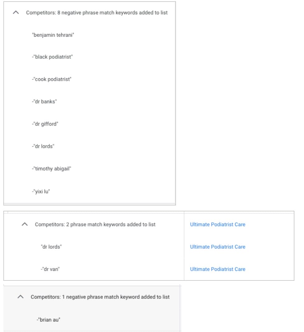 Negative Keywords for Podiatry Google Ads Campaign List 4