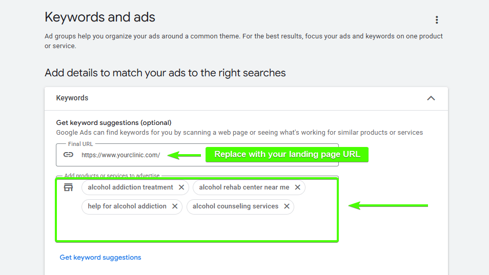 Ad Group Google Ads copy sample for Addiction campaign