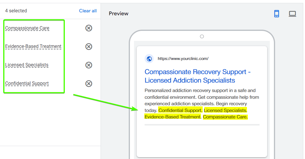 Callouts Google Ads copy sample for Addiction campaign