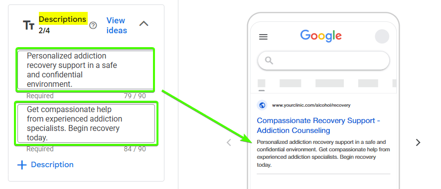 Descriptions Google Ads copy sample for Addiction campaign