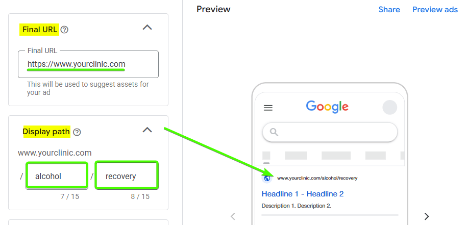Final URL Google Ads copy sample for Addiction campaign