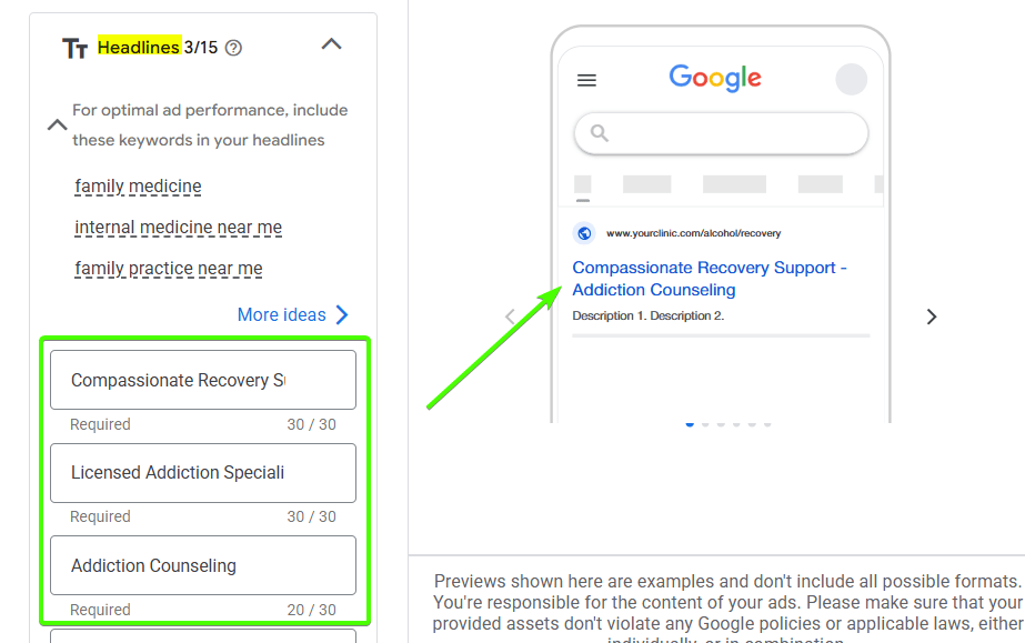 Headlines Google Ads copy sample for Addiction campaign