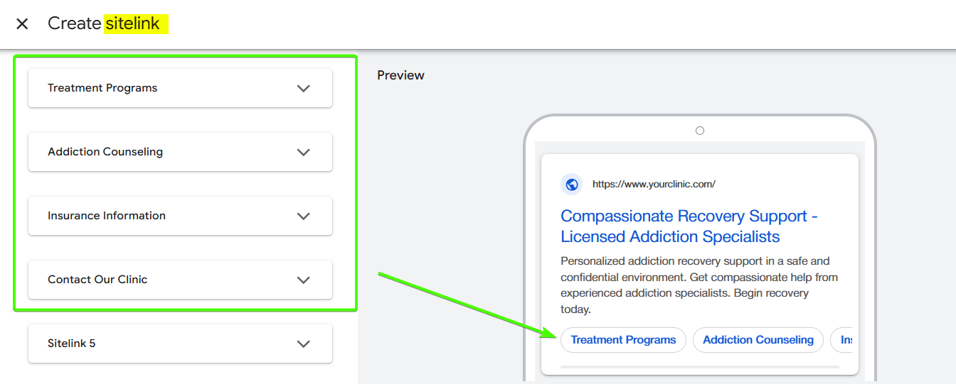 Sitelinks Google Ads copy sample for Addiction campaign