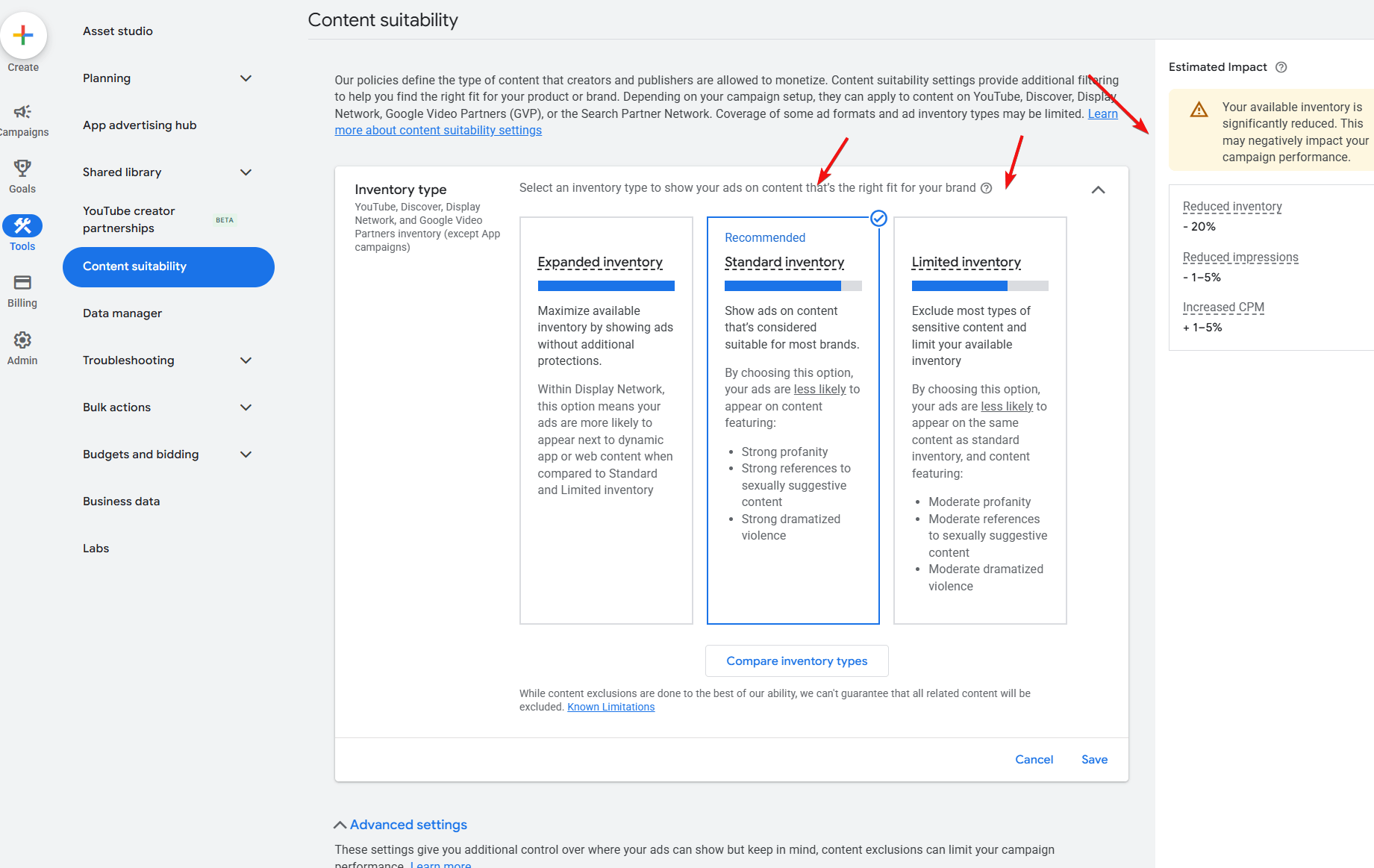 pmax youtube content placement content suitability